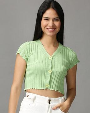 ribbed v-neck button-down crop top