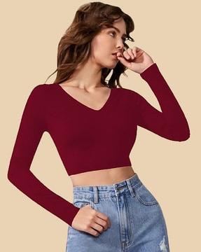 ribbed v-neck crop top with full sleeves