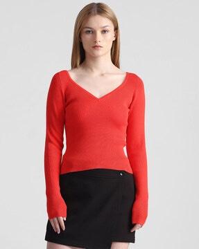 ribbed v-neck pullover