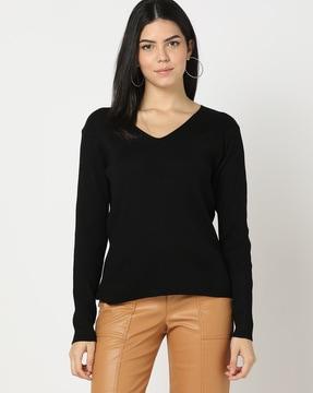 ribbed v-neck pullover