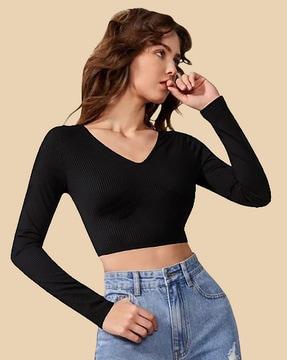 ribbed v-neck top with full sleeves