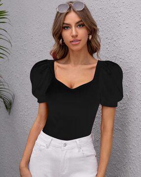 ribbed v-neck top with puffed sleeves