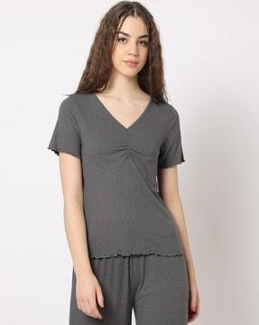 ribbed v-neck top with ruched detail