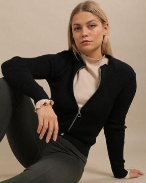 ribbed zip-front cardigan