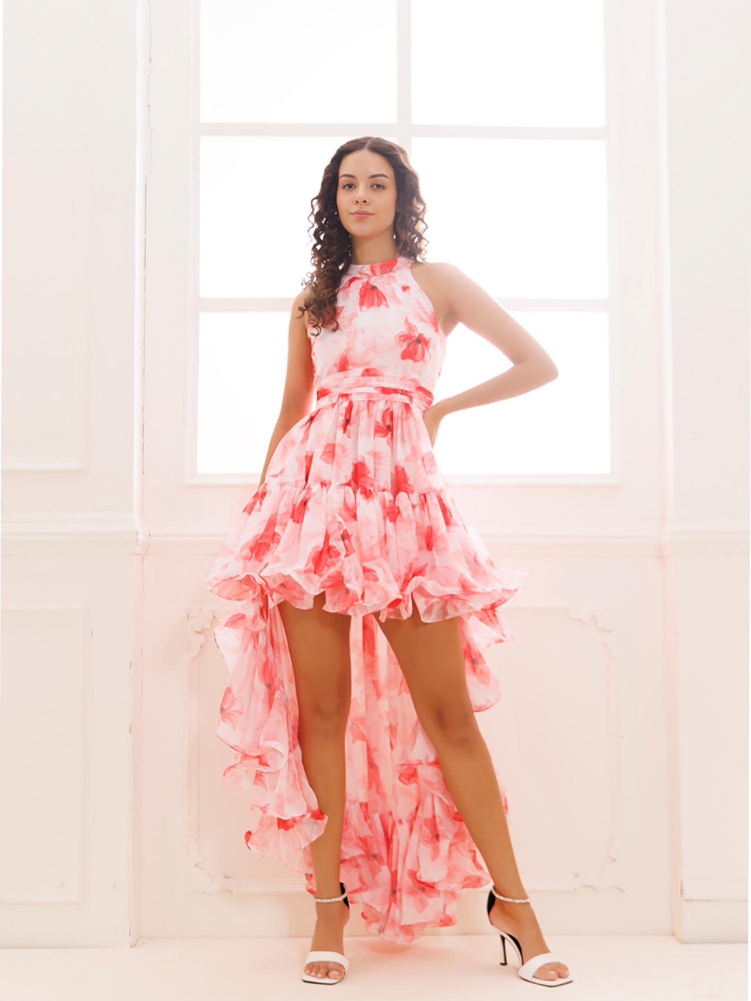 ribbon red floral georgette high-low dress