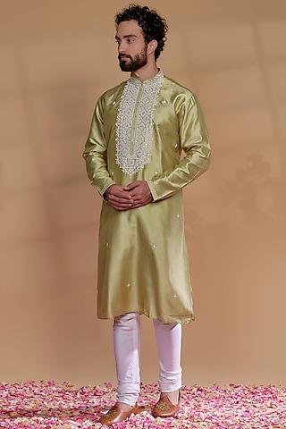 rich golden banarasi silk thread embroidered kurta set