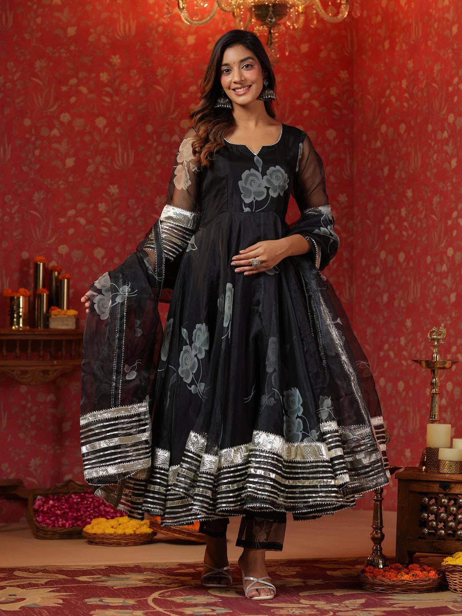 rich black organza anarkali kurta with pant & dupatta (set of 3)