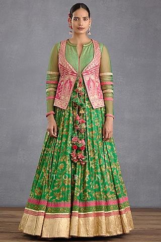 rich green slub silk digital printed anarkali with jacket