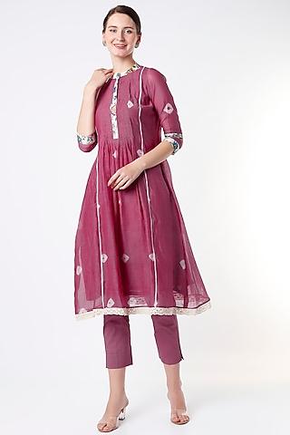 rich maroon chanderi pleated kurta set