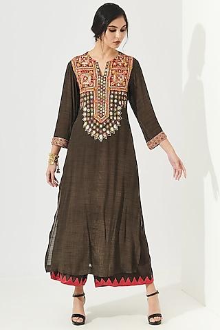 rich mocha brown embroidered kurta set