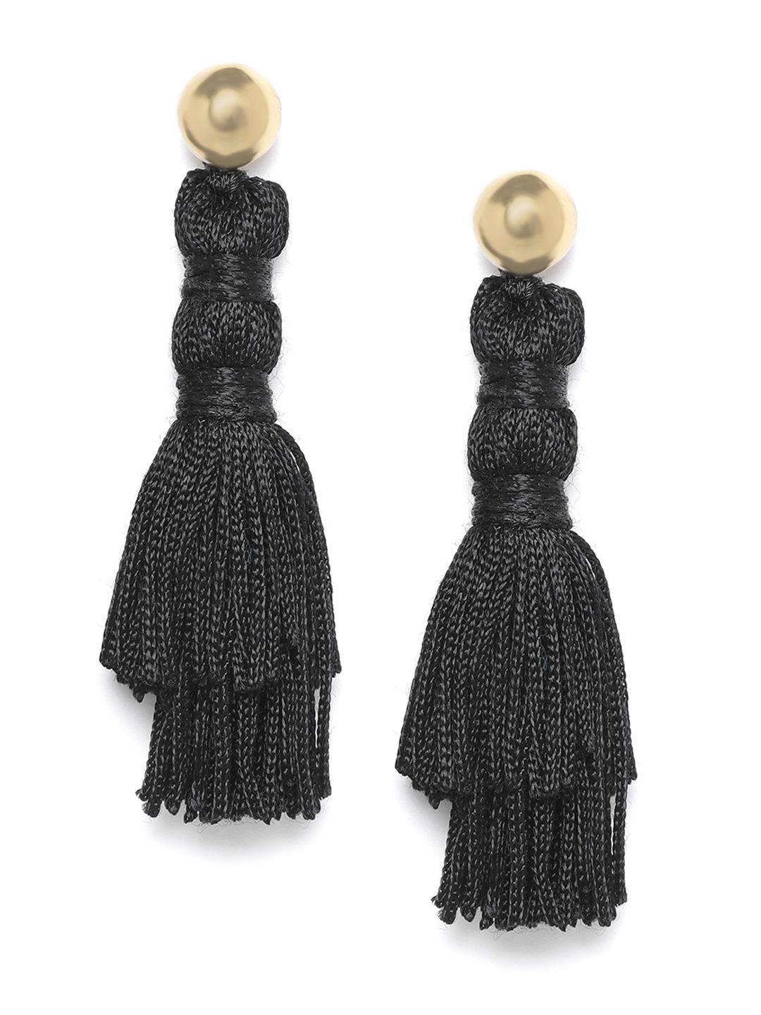 richeera black gold-plated tasselled contemporary drop earrings