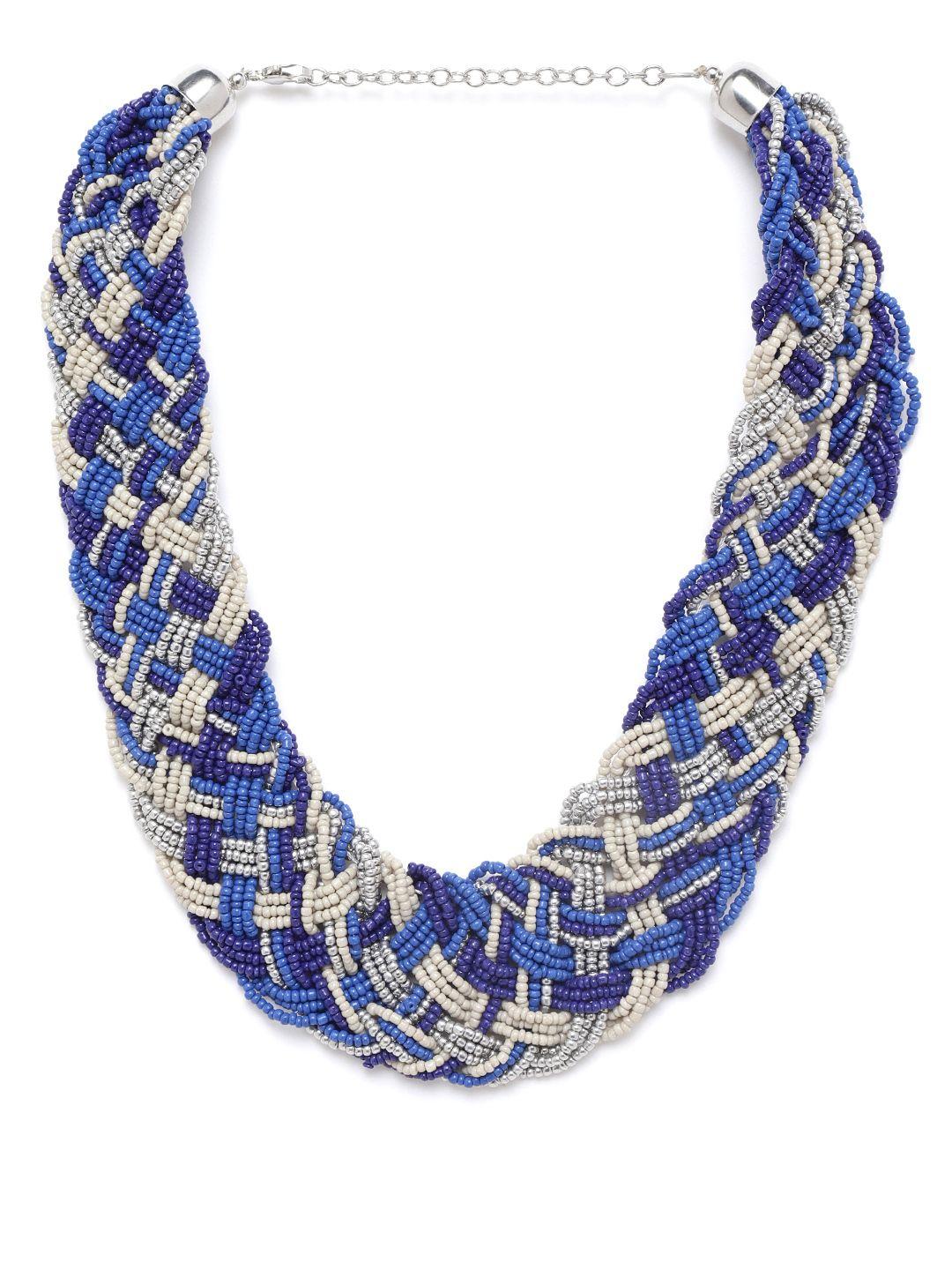 richeera blue & off-white silver-plated beaded braided necklace