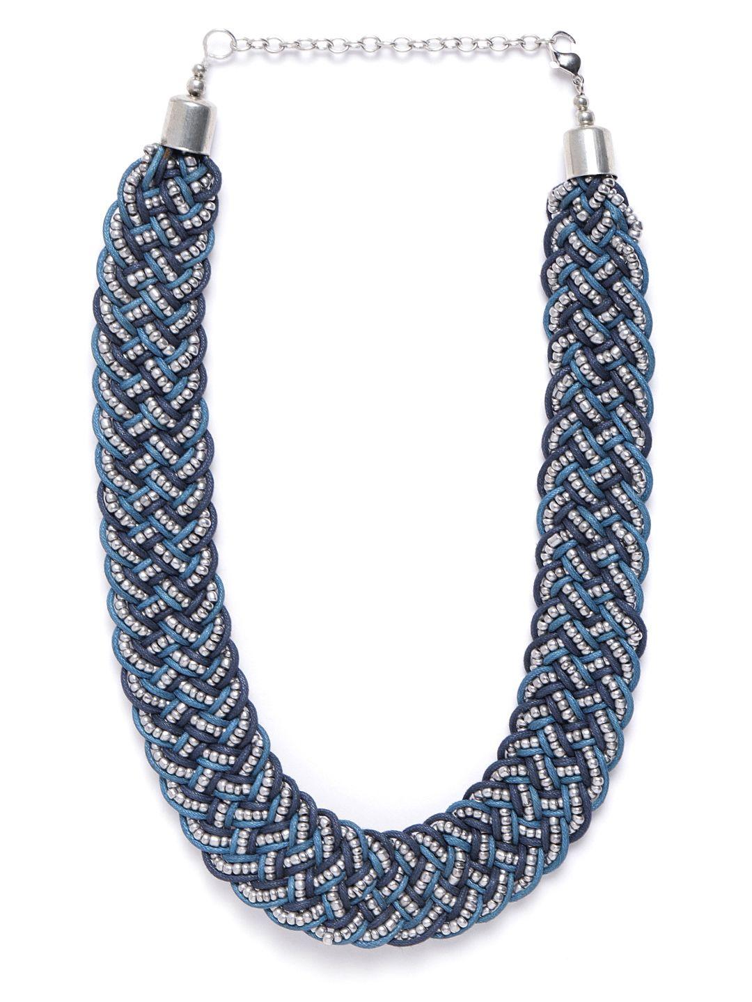 richeera blue & silver-toned beaded statement bohemian braided necklace