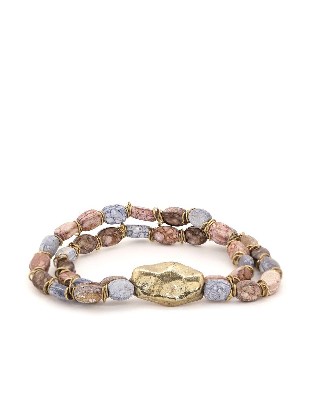 richeera brown & grey gold-plated beaded dual-stranded elasticated bracelet
