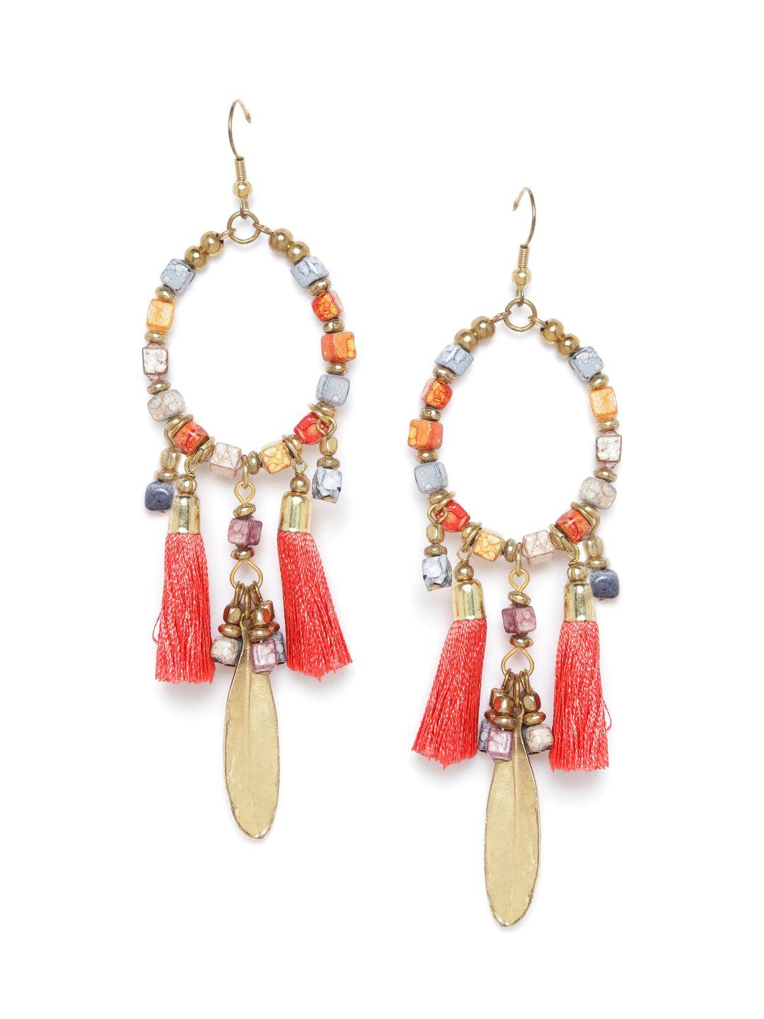 richeera coral red & blue gold-plated beaded tasselled oval drop earrings