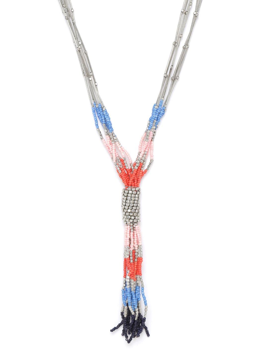 richeera pink & blue silver-plated beaded tasselled necklace