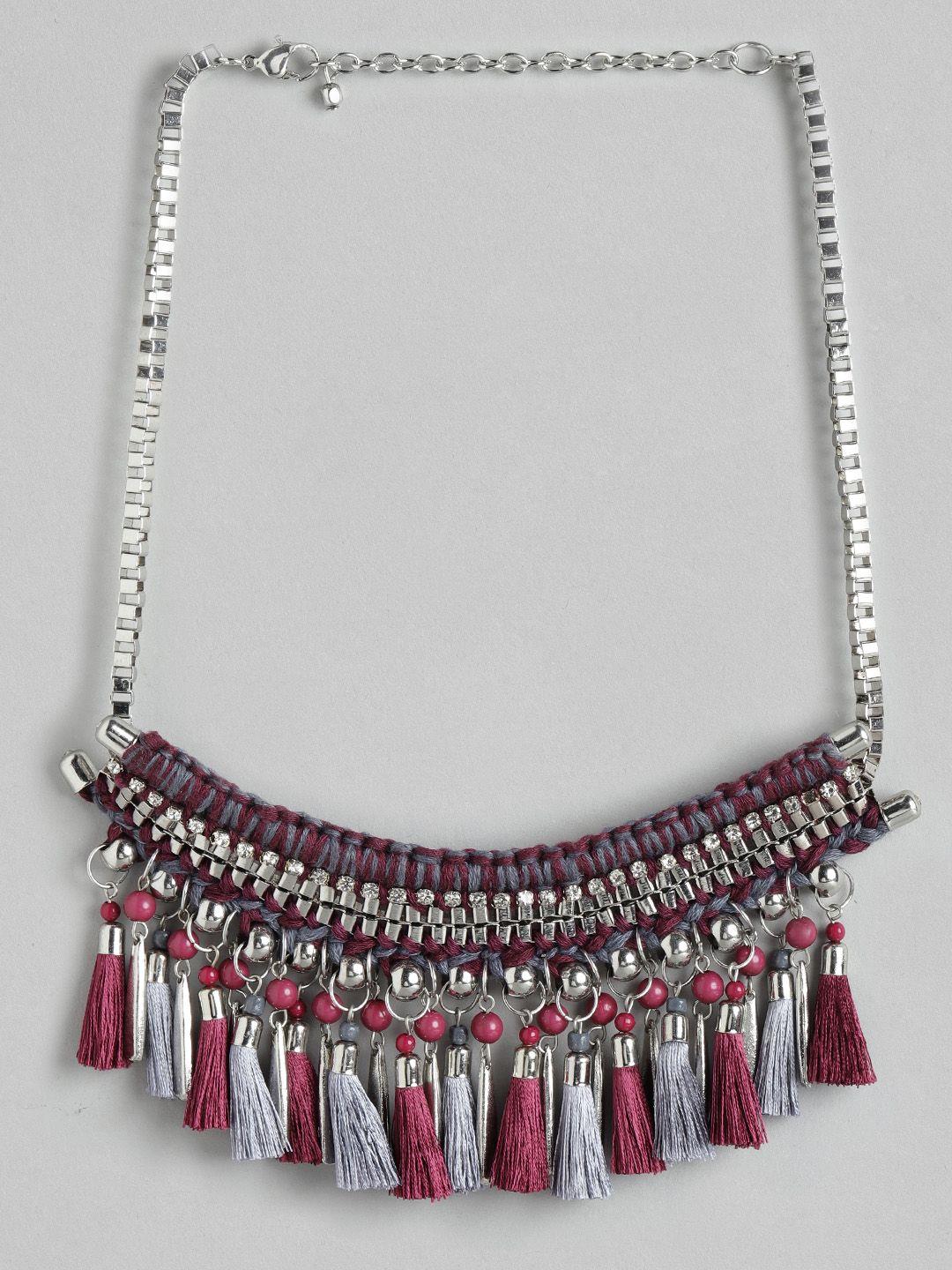 richeera purple & silver-toned tasselled statement necklace