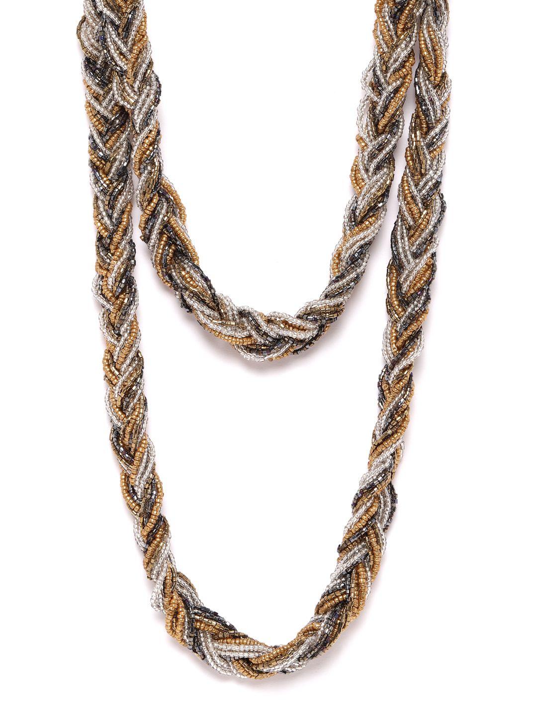 richeera silver& gun metal-toned gold plated braided & layered necklace