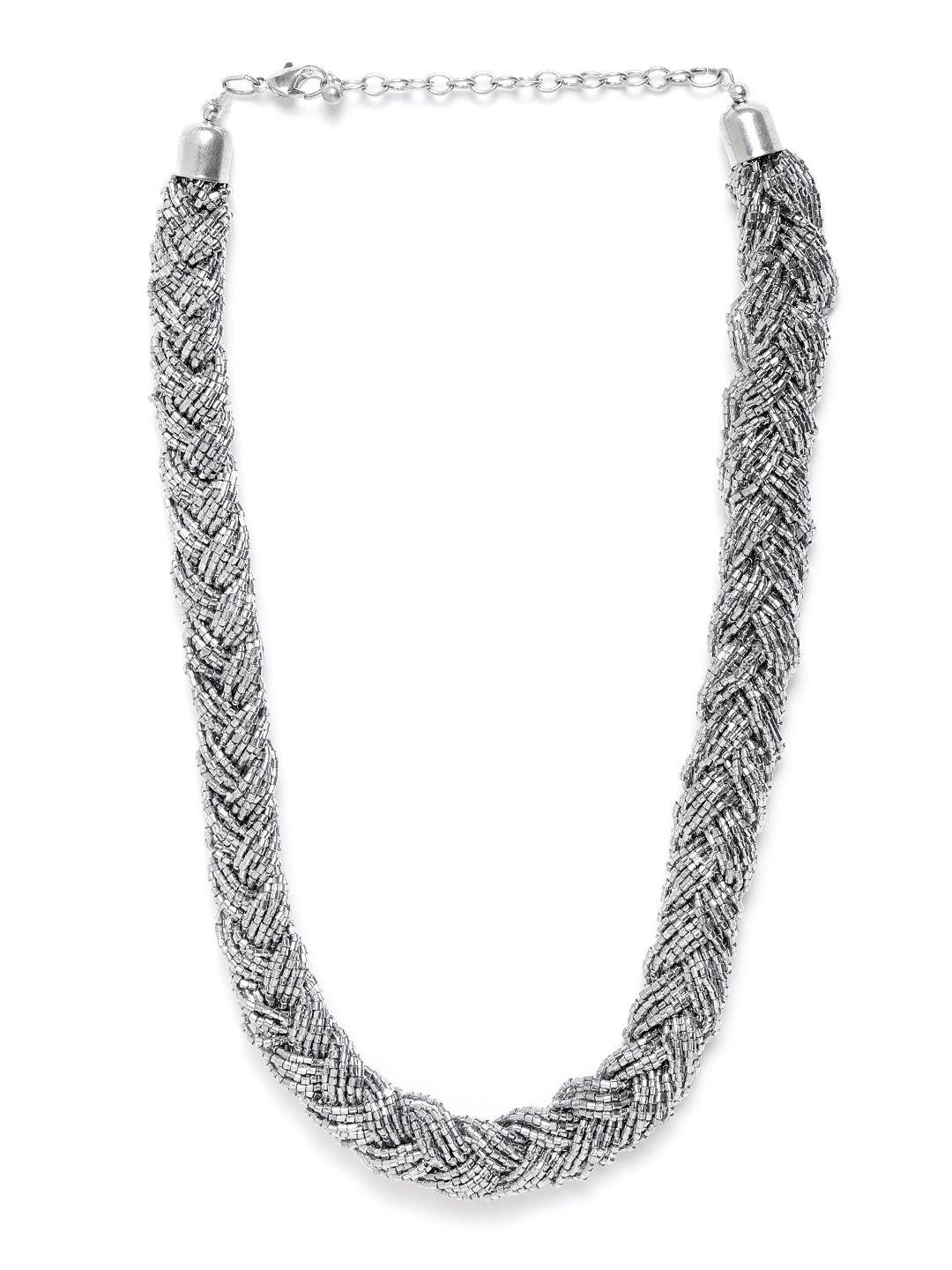richeera silver-toned glass beaded statement braided necklace