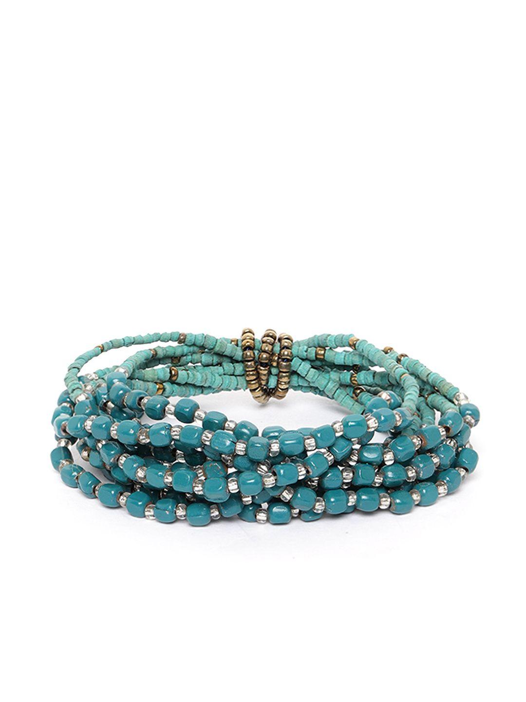 richeera teal green & antique gold-toned beaded multistranded elasticated bracelet