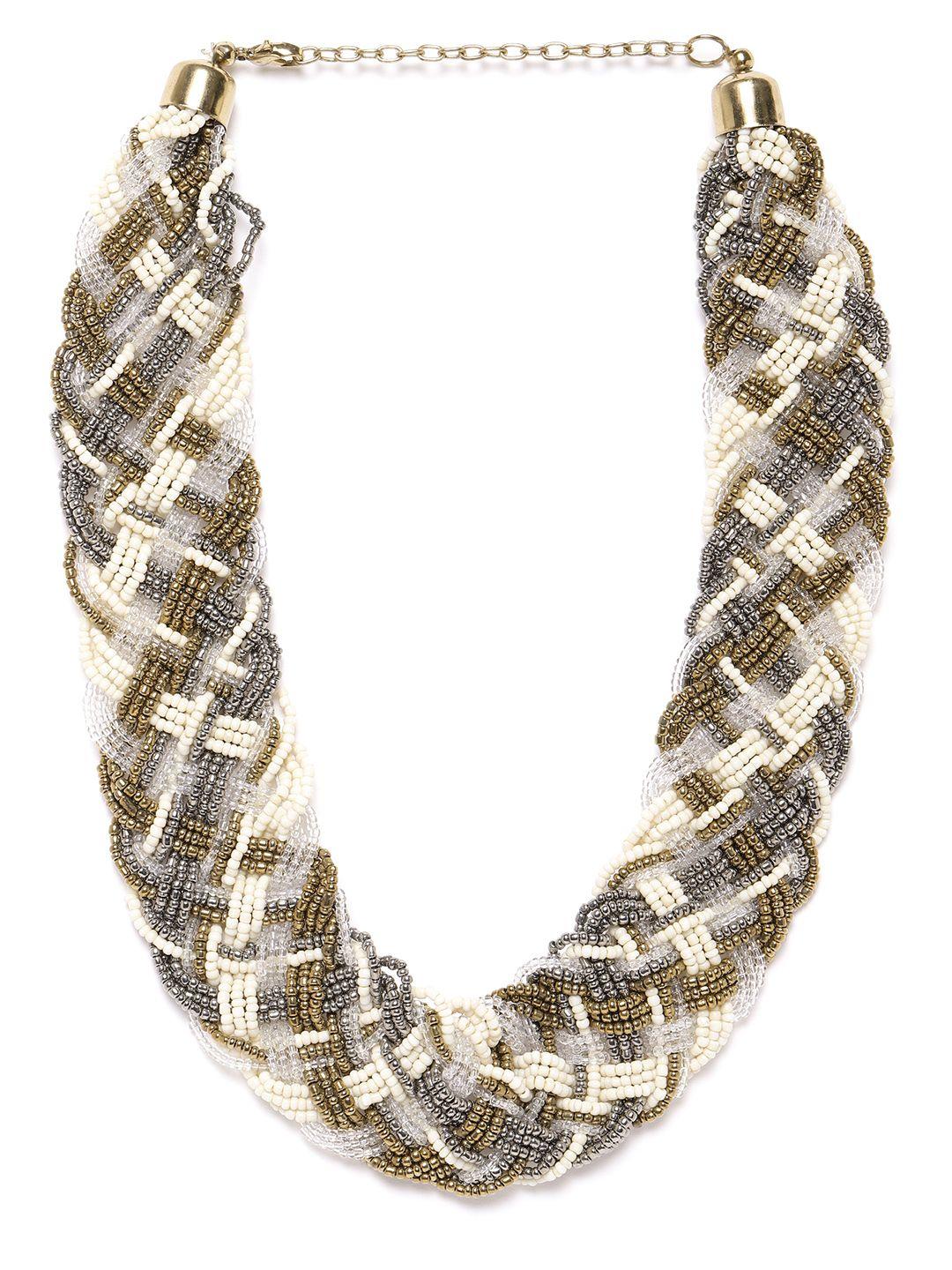richeera women antique silver-toned & cream-coloured gold-plated beaded braided necklace