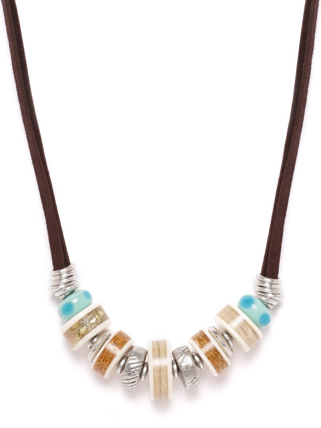 richeera women beige & turquoise silver-plated blue beaded necklace