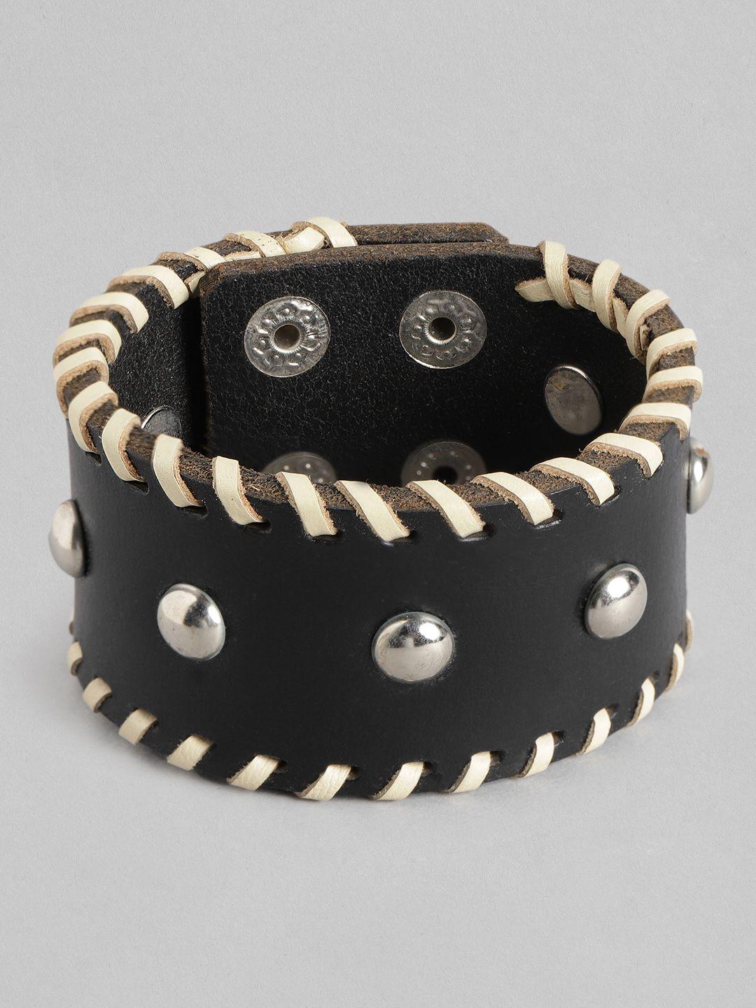 richeera women black & silver-toned leather wraparound bracelet