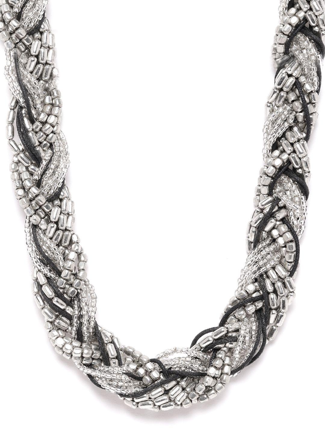 richeera women black silver-plated artificial beaded braided necklace