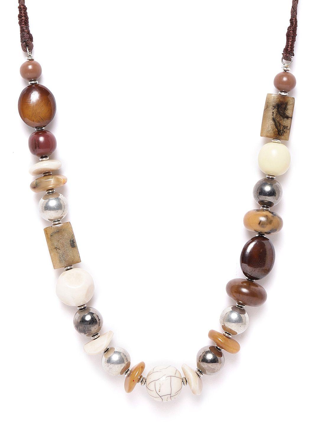 richeera women brown & beige silver-plated artificial beaded necklace