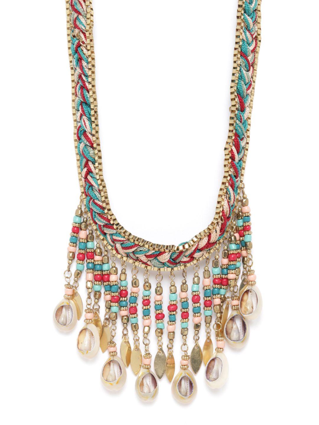 richeera women green & peach-coloured gold-plated beaded sea shell detail tribal necklace