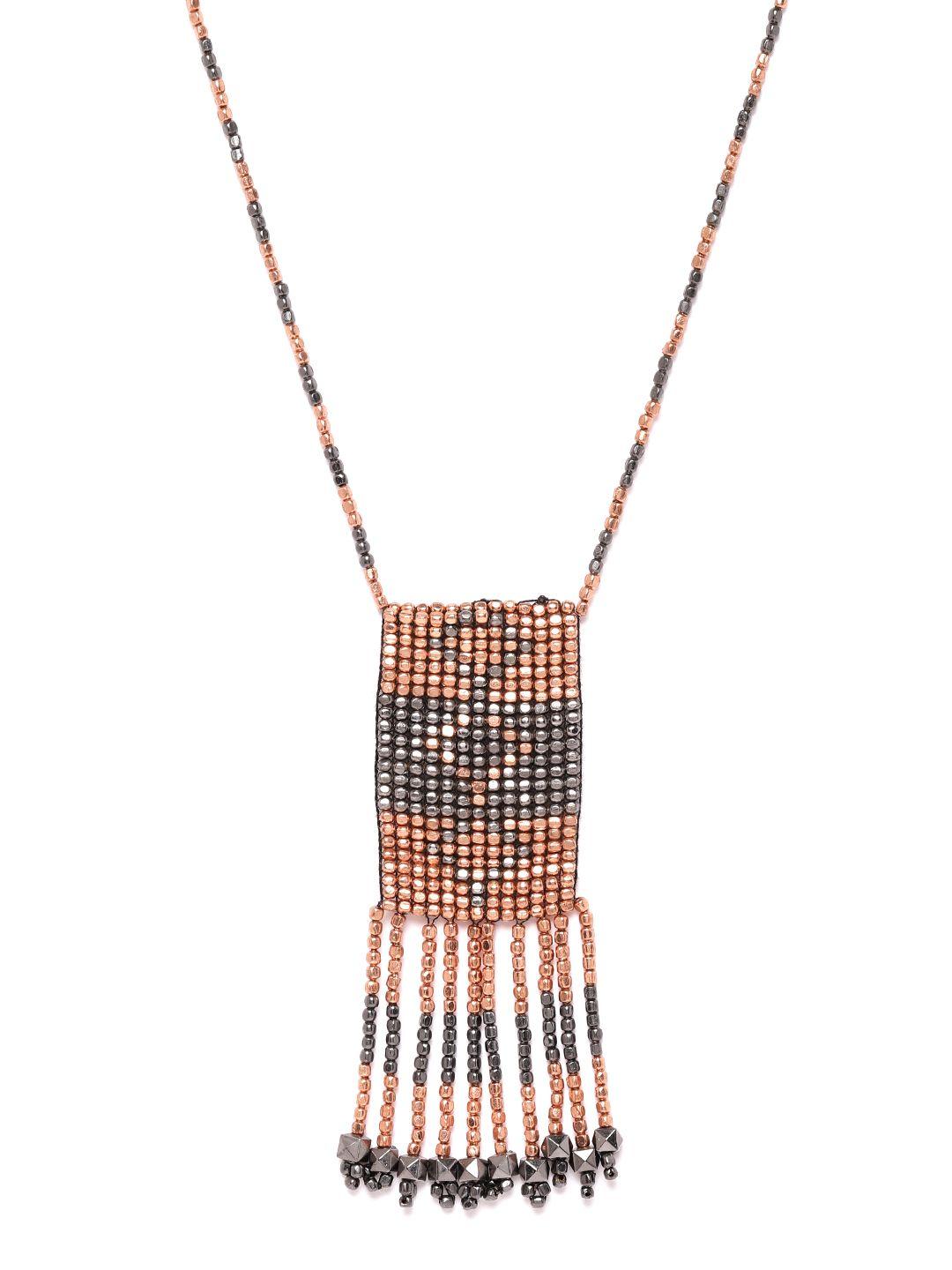 richeera women gunmetal-toned copper plated beaded tasselled necklace