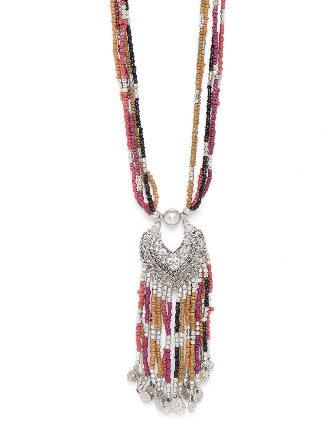 richeera women multicoloured oxidised silver-plated beaded tasselled tribal necklace