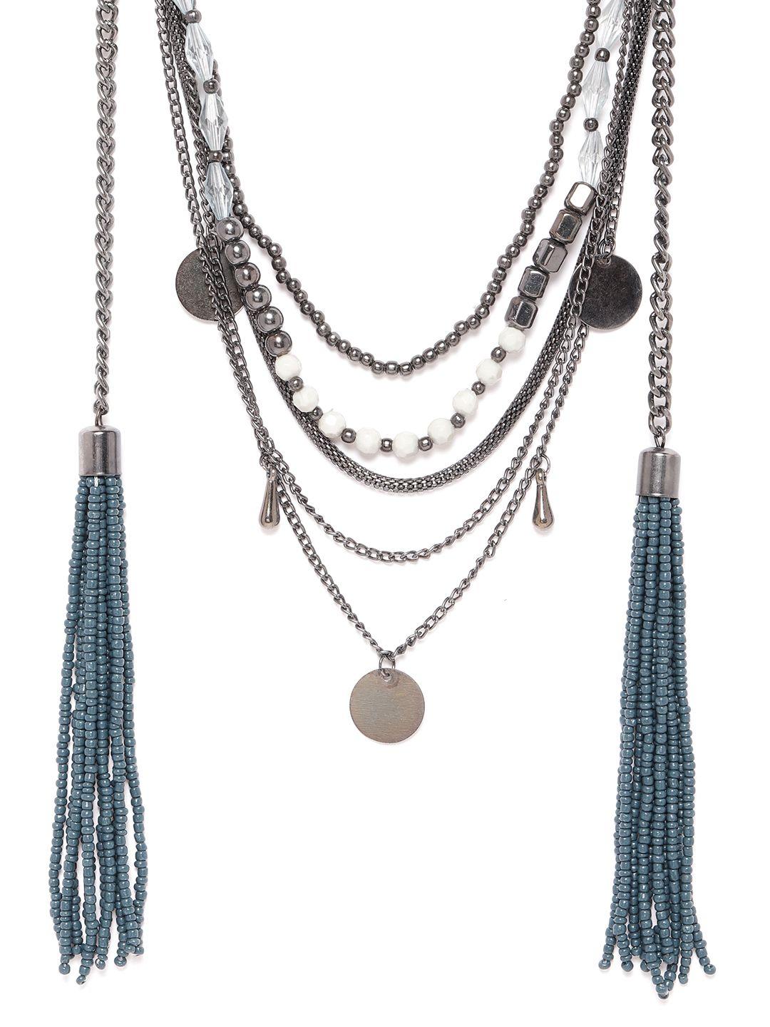 richeera women oxidised teal blue & silver-toned beaded layered & tasselled necklace