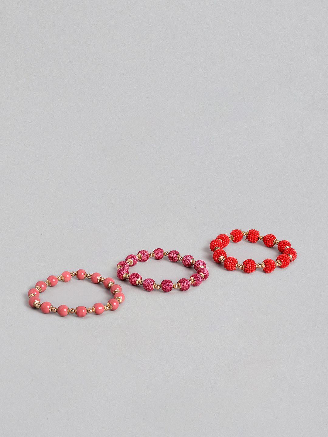 richeera women set of 3 pink & red gold-plated elasticated bracelet