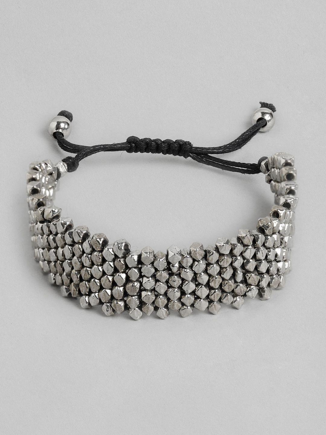 richeera women silver-toned & black silver-plated wraparound bracelet