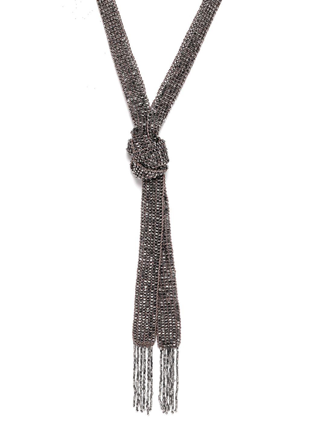 richeera women taupe & gunmetal-toned beaded tasselled knot necklace