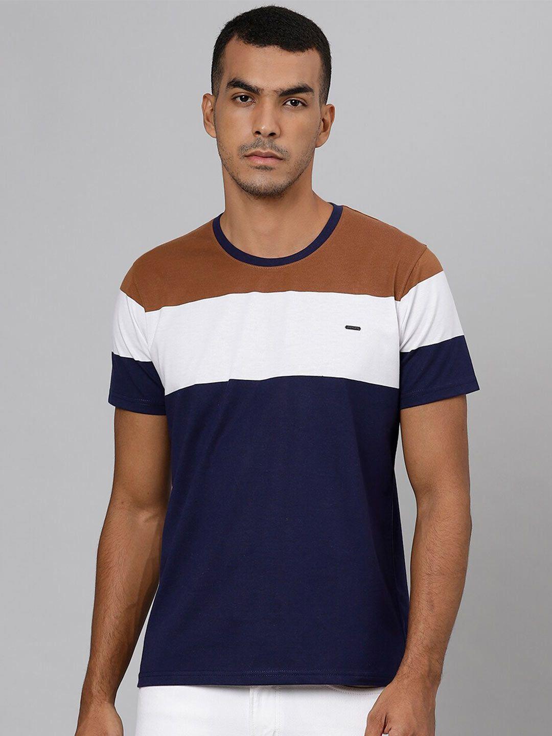 richlook men navy blue & white colourblocked slim fit t-shirt