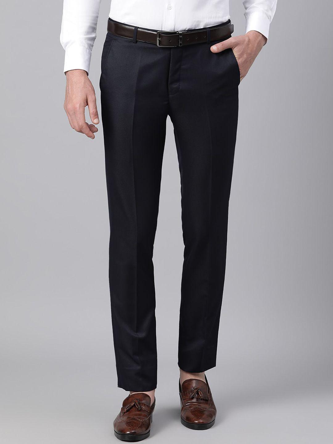 richlook men navy blue solid smart formal trouser