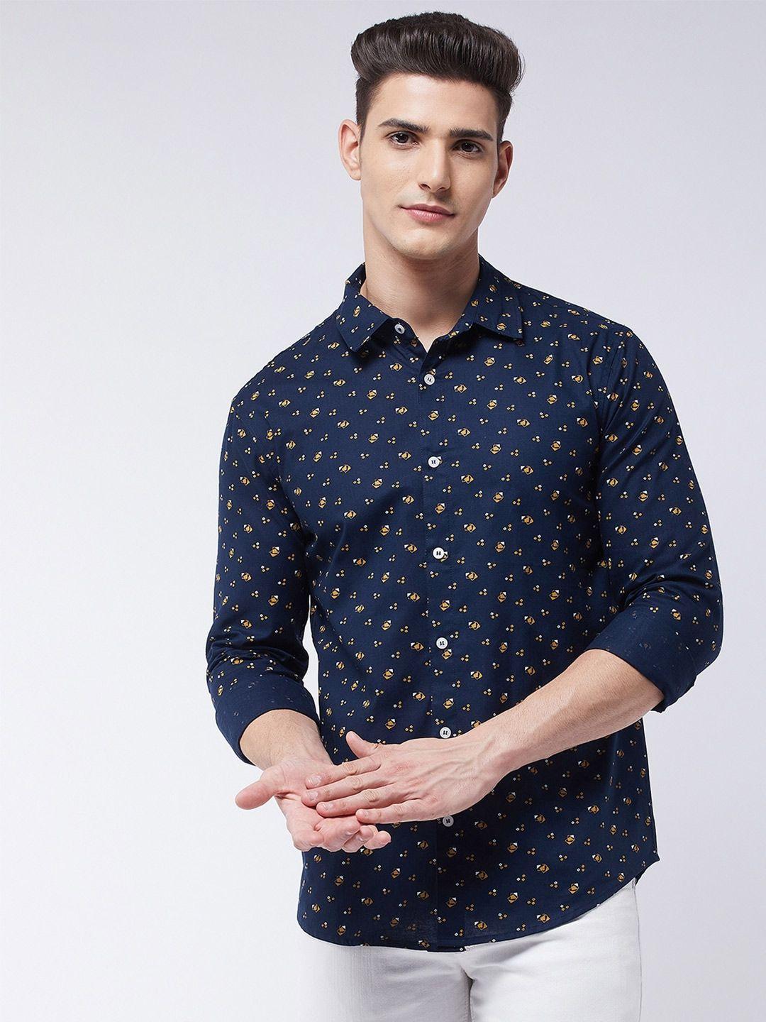 rick masch men navy blue smart slim fit printed casual shirt