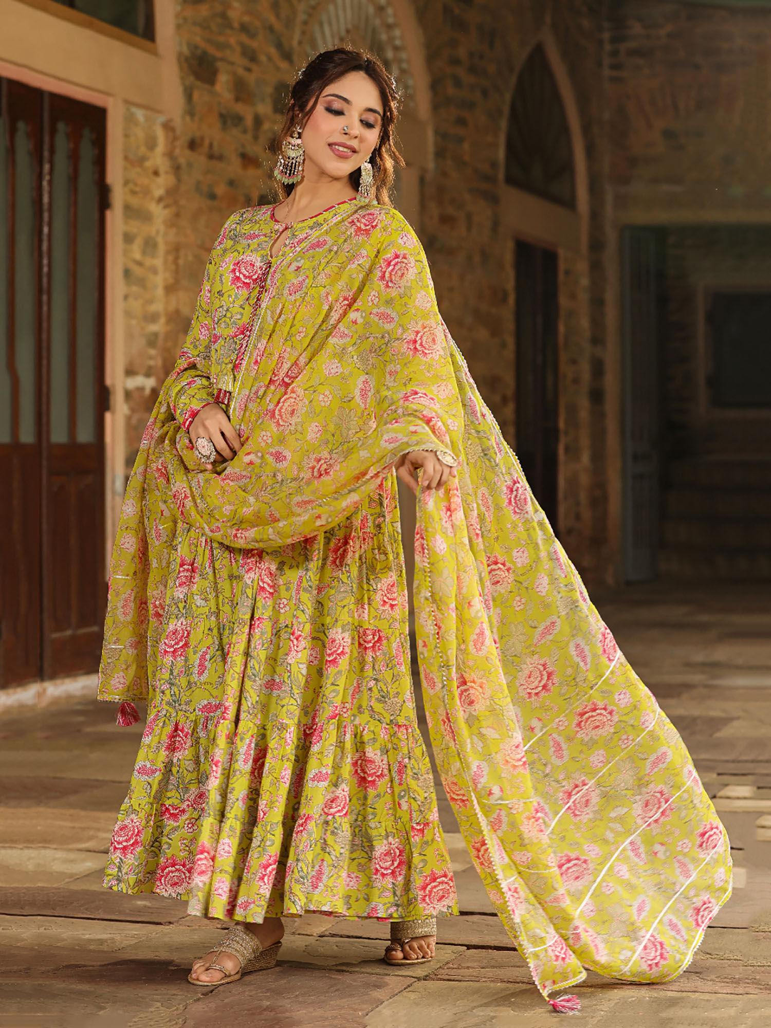 rida tiered green long floral printed suit set with pant and dupatta (set of 3)