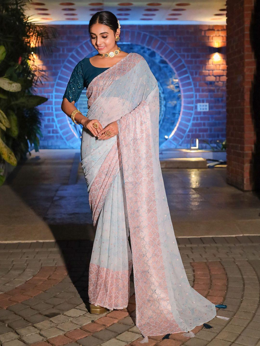 riddhi textile hub blue ombre poly georgette designer block print saree