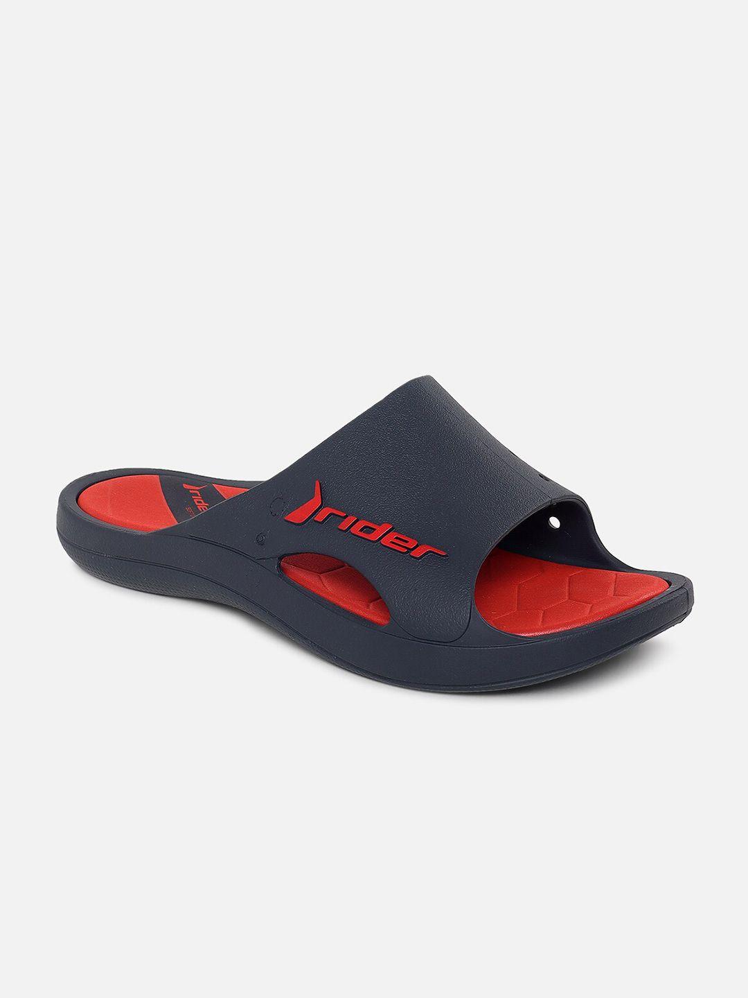 rider men navy blue & red printed sliders