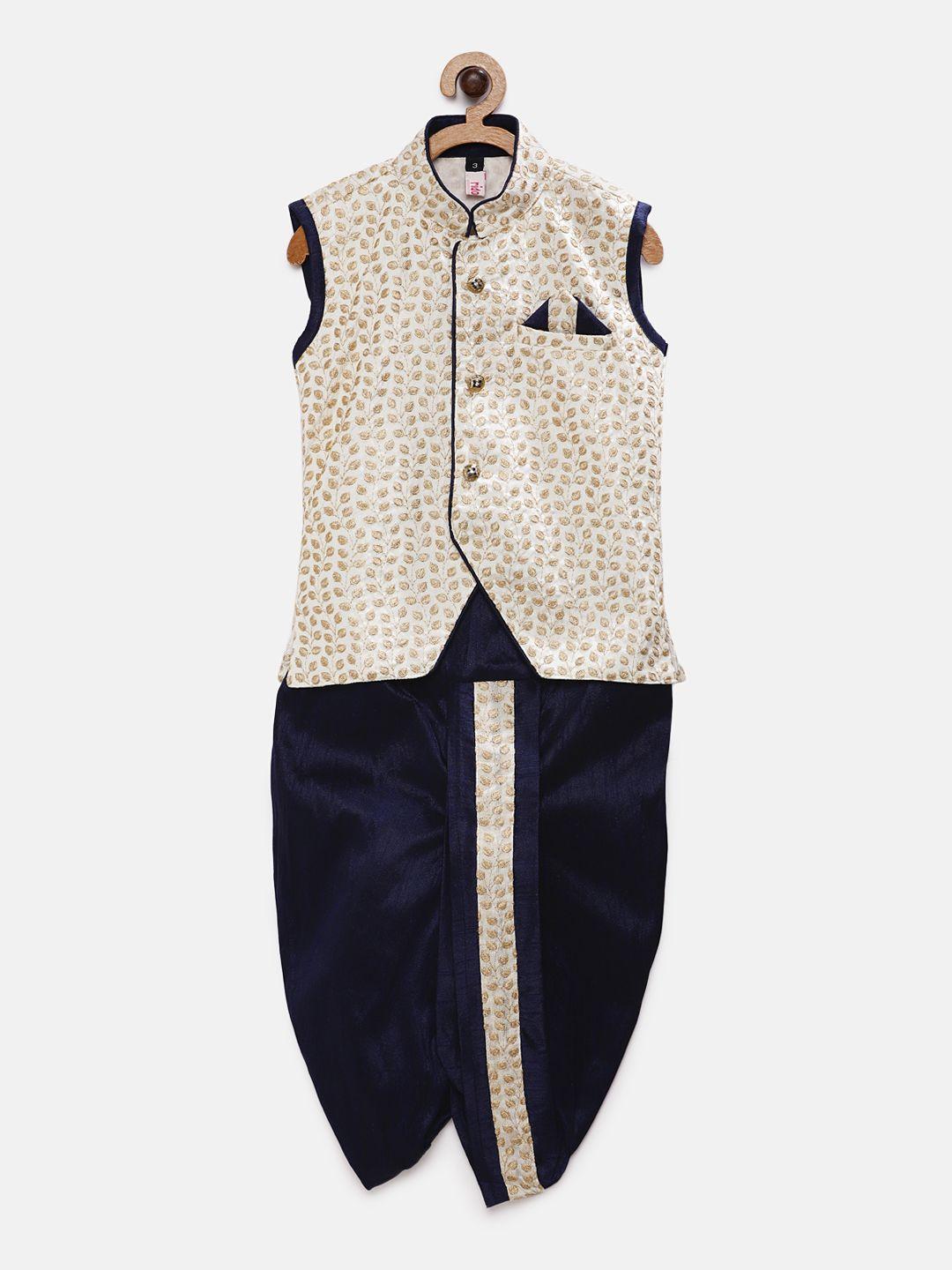 ridokidz boys cream-coloured & navy blue embroidered coat with dhoti pants