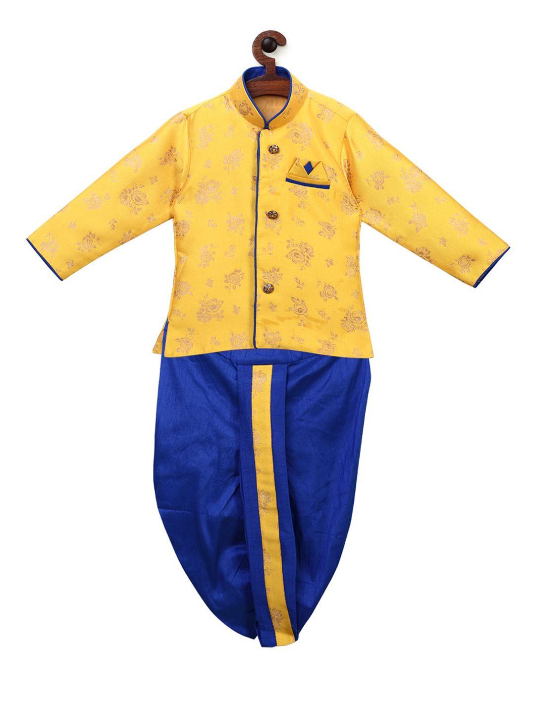 ridokidz boys gold-toned & blue woven design kurta with dhoti pants