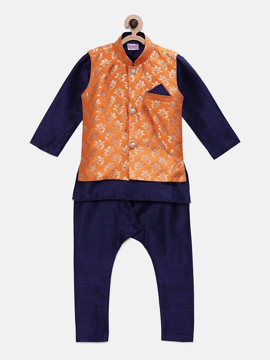 ridokidz boys navy blue solid kurta with pyjamas & nehru jacket