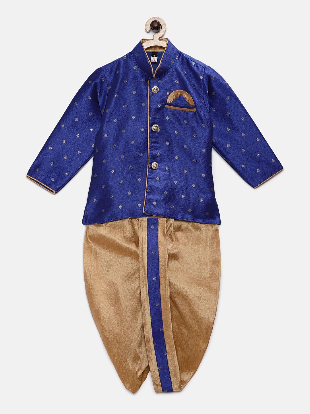 ridokidz boys navy blue woven design coat with taupe coloured dhoti pants