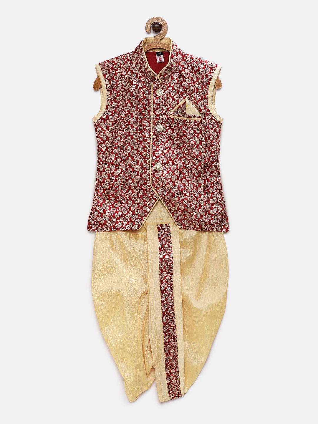ridokidz boys red & cream-coloured woven design kurta with dhoti pants