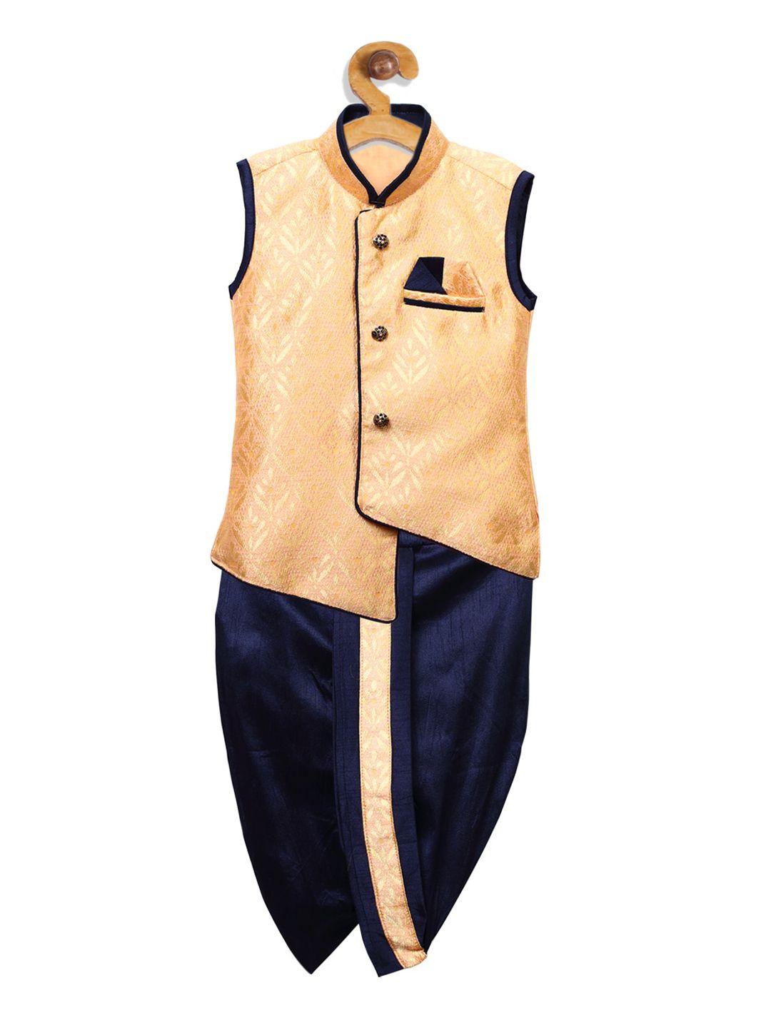 ridokidz boys rose gold & navy blue self design waistcoat with dhoti pants