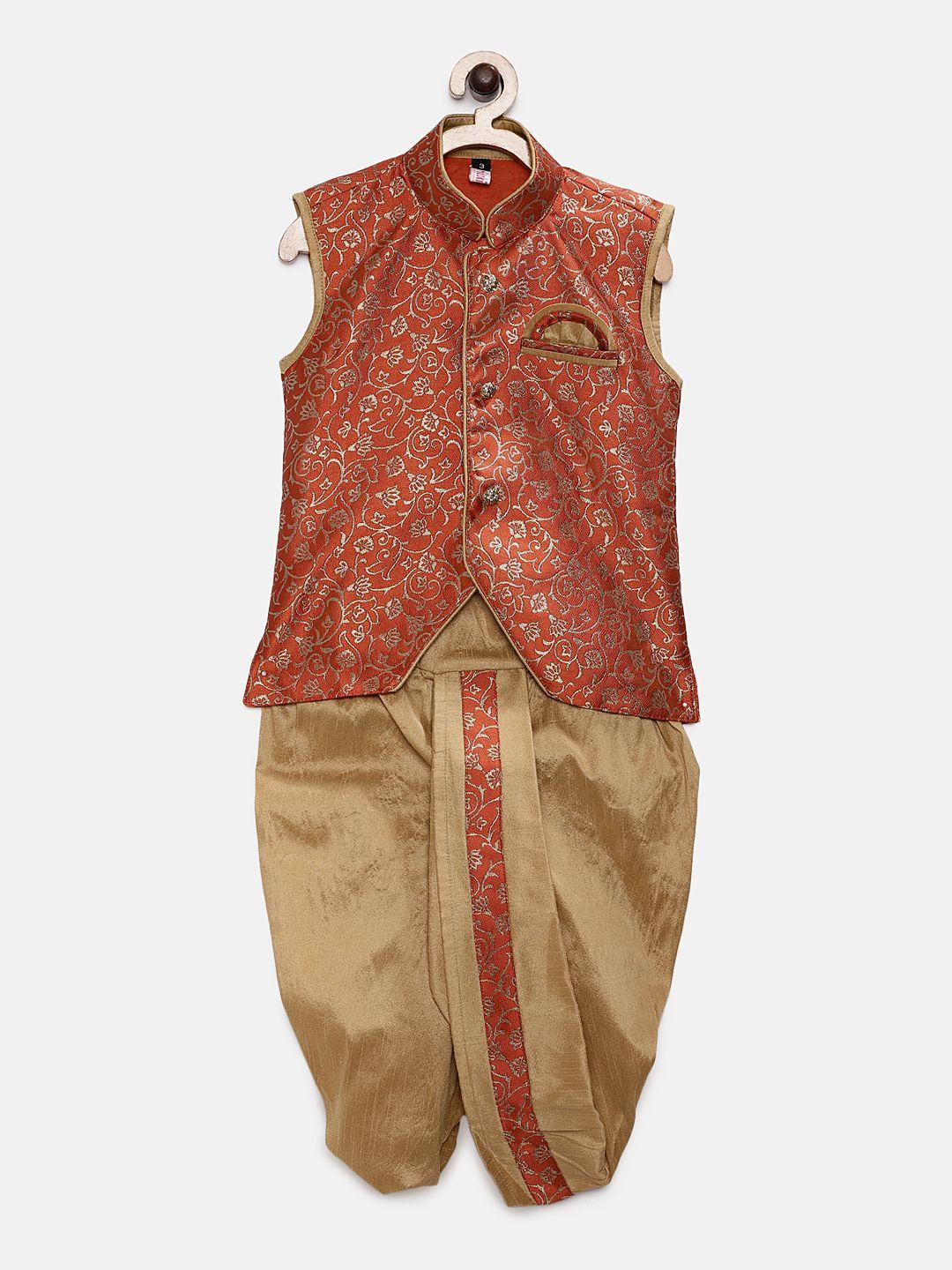 ridokidz boys rust red & gold-coloured woven design kurta with dhoti pants