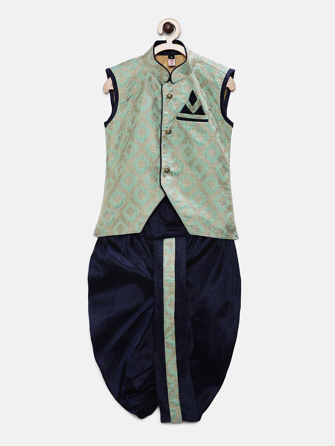 ridokidz boys sea green & navy blue woven design kurta with dhoti pants